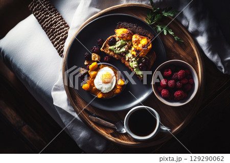 A cozy breakfast setting features a plate of eggs and toast topped with cheese, alongside fresh berries and a cup of tea with a slice of citrus, perfect for a relaxed morning 129290062