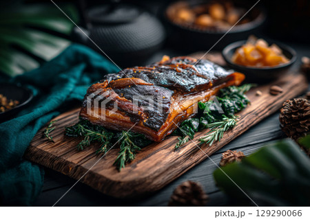 A perfectly cooked pork belly sits on a wooden board, garnished with fresh herbs, accompanied by side dishes in dark bowls, highlighting a culinary experience 129290066