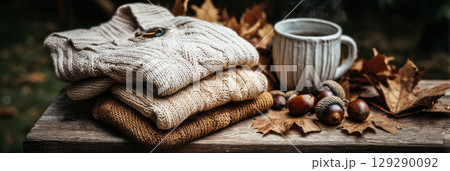 Warm sweaters are neatly stacked on a wooden table surrounded by colorful autumn leaves and acorns, with a steaming cup of coffee nearby, creating a serene fall atmosphere Warm sweaters are neatly stacked on a wooden table surrounded by colorful autumn leaves and acorns, with a steaming cup of coffee nearby, creating a serene fall atmosphere 129290092