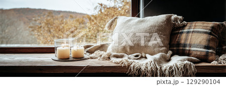 A warm and inviting window seat features soft pillows and lit candles, offering a perfect vantage point to enjoy the vibrant autumn landscape outside 129290104