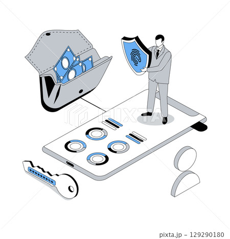 Mobile banking 3d isometric concept with isometry people design for web. Man using secure app for managing financial account, analyzing finance statistics data, money cash out. Vector illustration 129290180