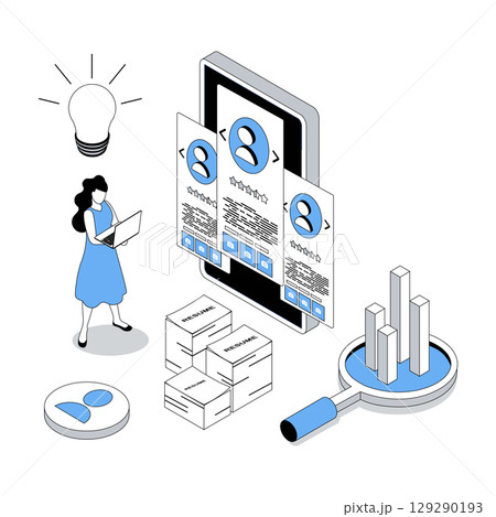 HR process 3d isometric concept with isometry people design for web. Woman choosing candidate resume and applicants review from last jobs, finding best human resource in team. Vector illustration 129290193