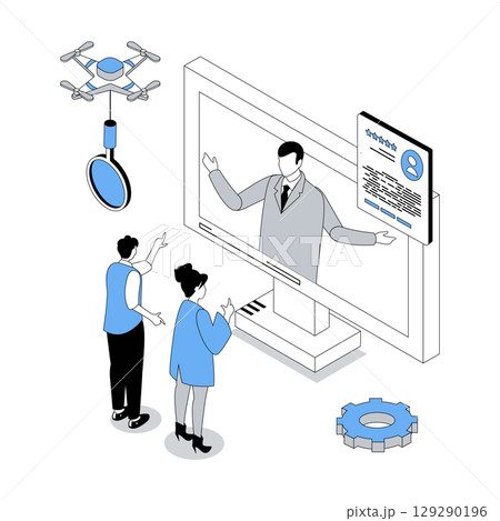HR process 3d isometric concept with isometry people design for web. Candidates communicating with manager at video job interview, employees get hiring to company contracts. Vector illustration 129290196