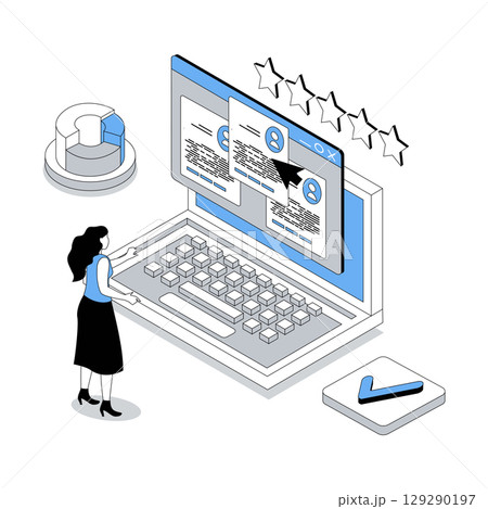 HR process 3d isometric concept with isometry people design for web. Woman searching online best resumes, choosing candidates to job interview, finding employees to contract. Vector illustration HR process 3d isometric concept with isometry people design for web. Woman searching online best resumes, choosing candidates to job interview, finding employees to contract. Vector illustration 129290197