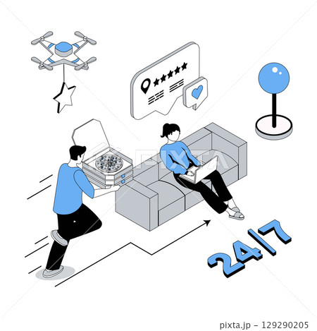 Food delivery 3d isometric concept with isometry people design for web. Woman making online order with home shipping in restaurant with best rating, getting pizza box from courier. Vector illustration 129290205