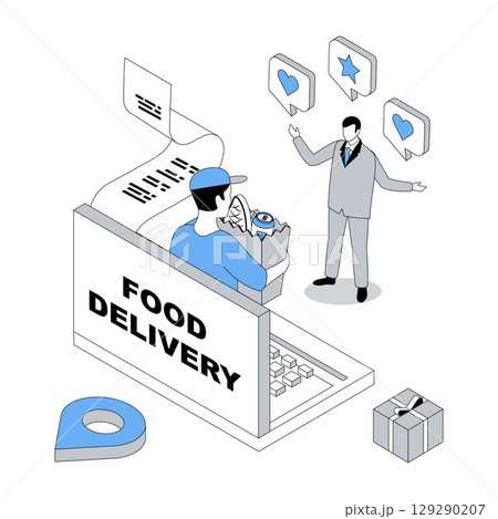 Food delivery 3d isometric concept with isometry people design for web. Man making online order in grocery menu from laptop with home shipping, getting products bag from courier. Vector illustration 129290207