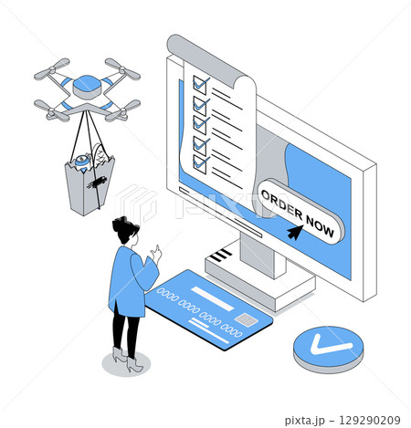 Food delivery 3d isometric concept with isometry people design for web. Woman making online order in shop menu, making credit card payment and getting bag from flying drone. Vector illustration Food delivery 3d isometric concept with isometry people design for web. Woman making online order in shop menu, making credit card payment and getting bag from flying drone. Vector illustration 129290209