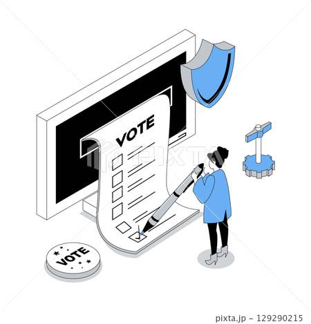 Election and voting 3d isometric concept with isometry people design for web. Woman filling digital questionnaire form and making her political choice, taking part in online vote. Vector illustration 129290215