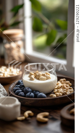 A jar filled with creamy yogurt sits on a wooden board, adorned with cashews and juicy blueberries. The warm kitchen brings a sense of comfort and healthiness to breakfast 129290221