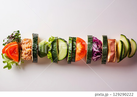 A vibrant array of fresh vegetables, including cucumbers, tomatoes, lettuce, and more, is neatly arranged, showcasing healthy options ideal for a nutritious breakfast 129290222