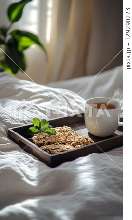 A warm cup of tea sits beside crunchy granola bars on a tray placed on soft bedding, creating a cozy breakfast experience that welcomes a relaxing day 129290223