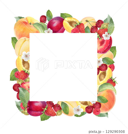 Watercolor square frame of fruits and berries, flowers and leaves, drawn by hand, consists of peach, apricot, plum, cherry, strawberry, gooseberry, raspberry. Isolated on a white background. 129290308