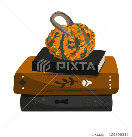 Pile of vintage magic books with a cute warty gourd on the top. Halloween books composition isolated on white background. Vector illustration. 129290312