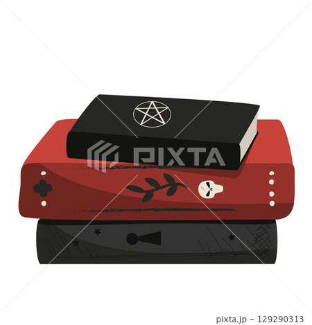 Pile of vintage magic books. Halloween books composition isolated on white background. Vector illustration. 129290313