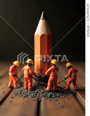 Miniature construction figures work as a team to excavate a large pencil. A powerful business metaphor for teamwork, collaboration, and building a project from a foundational idea. 129290314