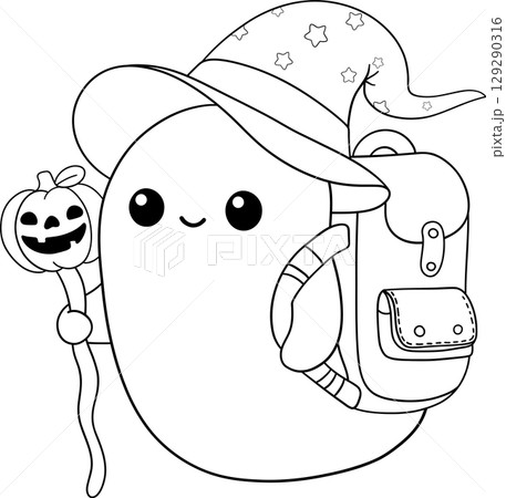 halloween cute ghost carrying a book bag in outline cartoon style, perfect for cozy fall coloring pages 129290316