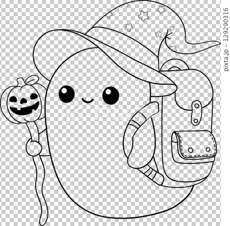 halloween cute ghost carrying a book bag in outline cartoon style, perfect for cozy fall coloring pages 129290316
