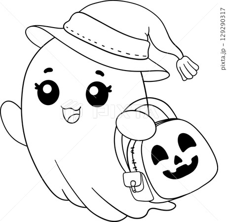 halloween cute ghost carrying a book bag in outline cartoon style, perfect for cozy fall coloring pages 129290317