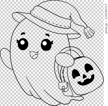 halloween cute ghost carrying a book bag in outline cartoon style, perfect for cozy fall coloring pages 129290317