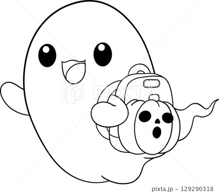halloween cute ghost carrying a book bag in outline cartoon style, perfect for cozy fall coloring pages 129290318