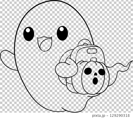 halloween cute ghost carrying a book bag in outline cartoon style, perfect for cozy fall coloring pages 129290318