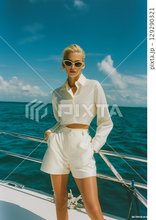A woman in a white shirt and shorts is posing on a boat in the ocean 129290321
