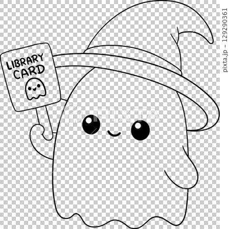halloween cute ghost holding a haunted library card in outline cartoon style, perfect for magical fall coloring pages 129290361
