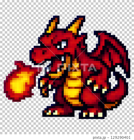 RPGに出てきそうなドット絵のファイヤードラゴン 129290401