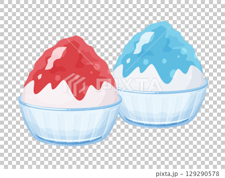 Illustration material of shaved ice served on a plate_red and light blue 129290578