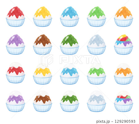 お皿に盛り付けたかき氷のイラスト素材セット お皿に盛り付けたかき氷のイラスト素材セット 129290593