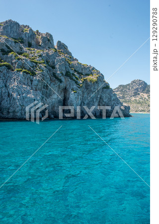 Sea and beach in Anthony Quinn bay, Rhodes island, Dodecanese, Greece Sea and beach in Anthony Quinn bay, Rhodes island, Dodecanese, Greece 129290788