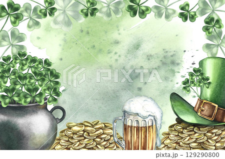 St. Patrick's Day frame. Hand-drawn watercolor illustration. A cast-iron pot with clovers, mountains of gold coins, a leprechaun's top hat, and a mug of beer. Set against a green watercolor background St. Patrick's Day frame. Hand-drawn watercolor illustration. A cast-iron pot with clovers, mountains of gold coins, a leprechaun's top hat, and a mug of beer. Set against a green watercolor background 129290800