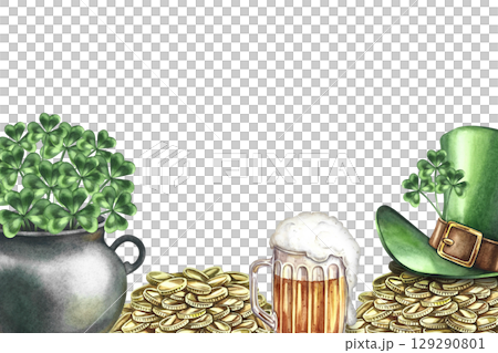 St. Patrick's Day border frame. Hand-drawn watercolor illustration. Cast-iron pot with clovers, mountains of gold coins, a leprechaun's top hat, and a mug of beer. For greeting cards, banners, flyers. 129290801