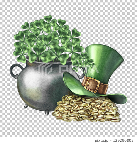 A pile of gold coins under a leprechaun's top hat and a cauldron with clovers. Hand-drawn watercolor illustration. For St. Patrick's Day. For greeting cards, packaging, invitations, and festive decor. A pile of gold coins under a leprechaun's top hat and a cauldron with clovers. Hand-drawn watercolor illustration. For St. Patrick's Day. For greeting cards, packaging, invitations, and festive decor. 129290805