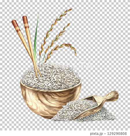 Rice with chopsticks in a wooden bowl, next to a wooden spatula and rice stalks. Hand-drawn watercolor illustration. Element of menu design, recipes and cookbooks. For banner, flyer, packaging, label 129290808