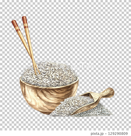 Rice with chopsticks in a wooden bowl, next to a wooden rice paddle. Hand-drawn watercolor illustration. Element of menu design, recipes, and cookbooks. For banners, flyers, packaging, labels and more 129290809