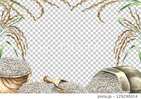 A frame with rice, an upside-down burlap bag, a wooden bowl, rice grains, and a wooden scoop. A watercolor illustration. For menus, recipes, and cookbooks, banners, packaging, labels, and more. A frame with rice, an upside-down burlap bag, a wooden bowl, rice grains, and a wooden scoop. A watercolor illustration. For menus, recipes, and cookbooks, banners, packaging, labels, and more. 129290814