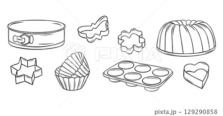 Minimalist sketch collection of baking cookie cutters in monochrome line art. Simple vector illustrations perfect for packaging, labels or bakery logo designs 129290858