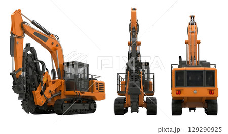 A trenching machine is shown from three perspectives, featuring a cutting chain on a boom, designed for efficient underground excavation in various terrains and conditions. A trenching machine is shown from three perspectives, featuring a cutting chain on a boom, designed for efficient underground excavation in various terrains and conditions. 129290925
