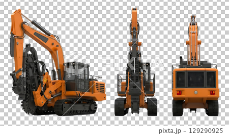 A trenching machine is shown from three perspectives, featuring a cutting chain on a boom, designed for efficient underground excavation in various terrains and conditions. 129290925