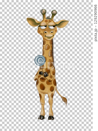 Playful giraffe character with a lollipop in a seamless watercolor pattern design 129290966