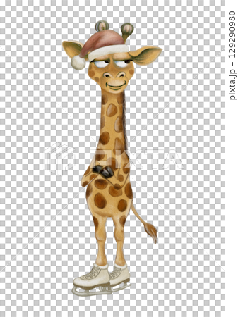 Cheerful giraffe in a Santa hat skating on ice for festive wrapping and textiles Cheerful giraffe in a Santa hat skating on ice for festive wrapping and textiles 129290980