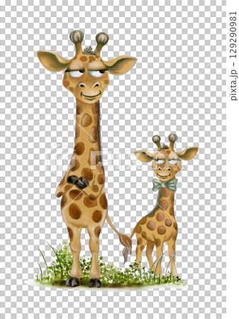 Playful giraffes with quirky expressions standing on grassy background in colorful watercolor style Playful giraffes with quirky expressions standing on grassy background in colorful watercolor style 129290981