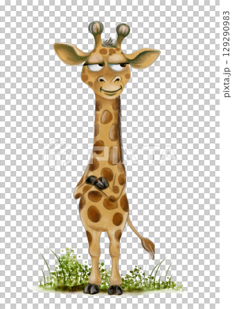 Whimsical watercolor giraffe character with a playful expression perfect for textile design 129290983