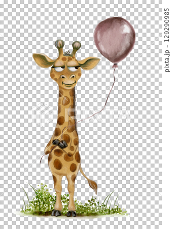 Fun giraffe holding a balloon against a clean white background with playful elements 129290985