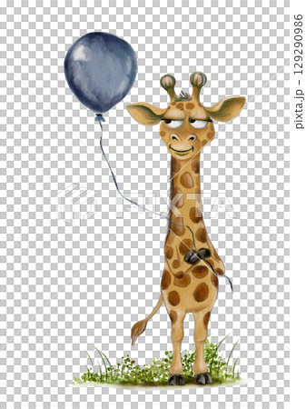 Playful giraffe holding a balloon in a charming watercolor style for textile design Playful giraffe holding a balloon in a charming watercolor style for textile design 129290986