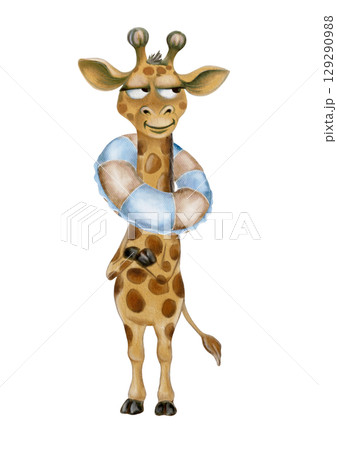 Playful giraffe character with lifebuoy design for fun textile patterns and children's decor Playful giraffe character with lifebuoy design for fun textile patterns and children's decor 129290988