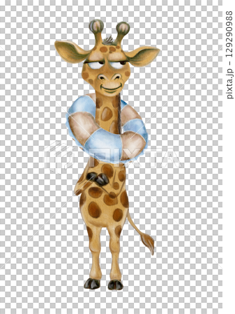 Playful giraffe character with lifebuoy design for fun textile patterns and children's decor Playful giraffe character with lifebuoy design for fun textile patterns and children's decor 129290988
