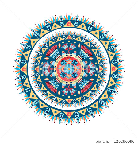 Arabesque round oriental ornament. Tribal pattern circle ornate. Geometric figures, abstract lotus, palm shape. Colorful watercolor isolated clip art illustration. Egyptian, Turkish, Indian, Arabic 129290996