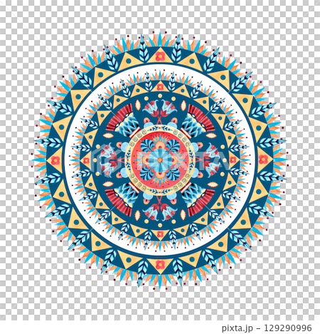 Arabesque round oriental ornament. Tribal pattern circle ornate. Geometric figures, abstract lotus, palm shape. Colorful watercolor isolated clip art illustration. Egyptian, Turkish, Indian, Arabic 129290996